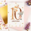 Personalizowana Kartka na dziesiąte urodziny dziecka z cyfrą dziesięć i małymi zwierzątkami - Little Party